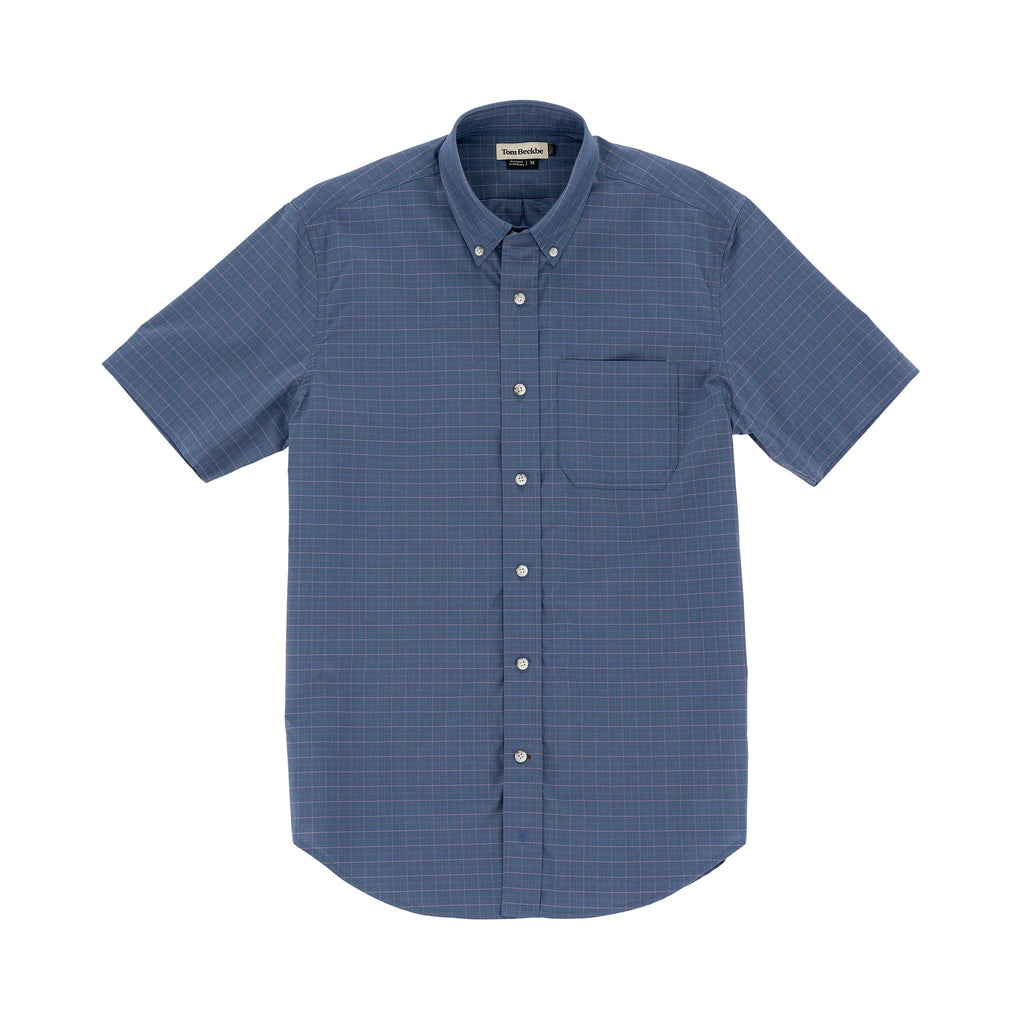 Tom Beckbes Powell Performance Shirt: A lightweight blue short-sleeve with UPF 30+, grid pattern, and chest pocket.