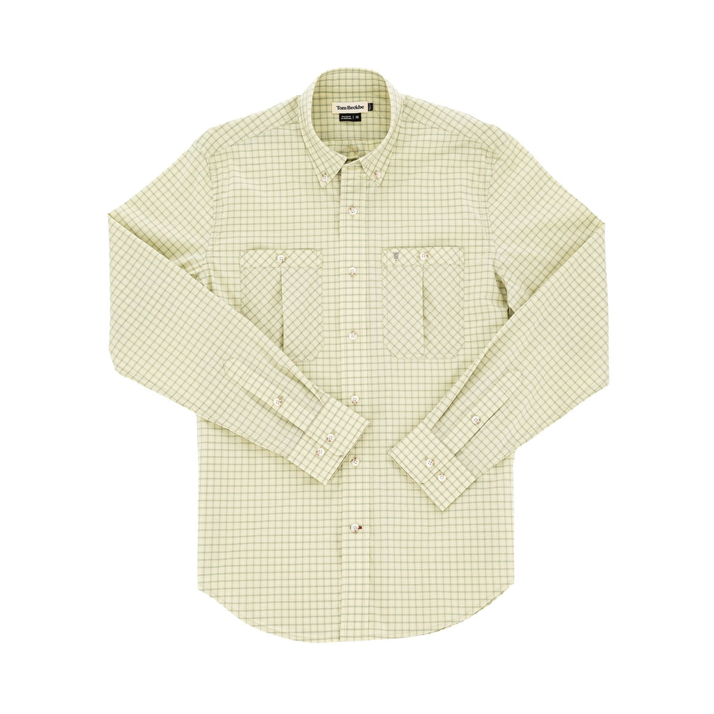 The Tom Beckbe Tidewater Shirt, light green with button pockets, offers UPF 30+ coverage on a white background.