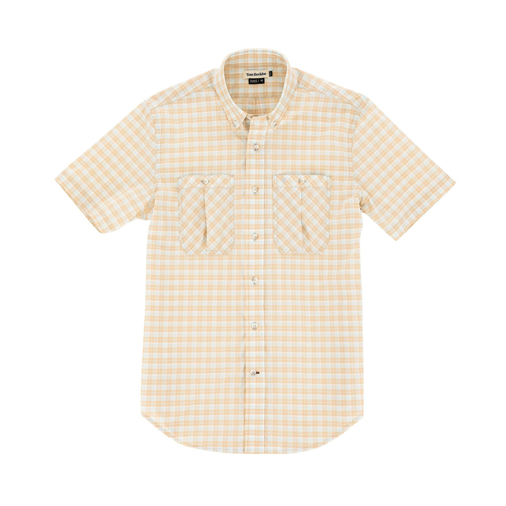Tom Beckbes Tidewater Shirt features short sleeves, beige/white plaid, button-up front, dual chest pockets, and UPF 30+ coverage.