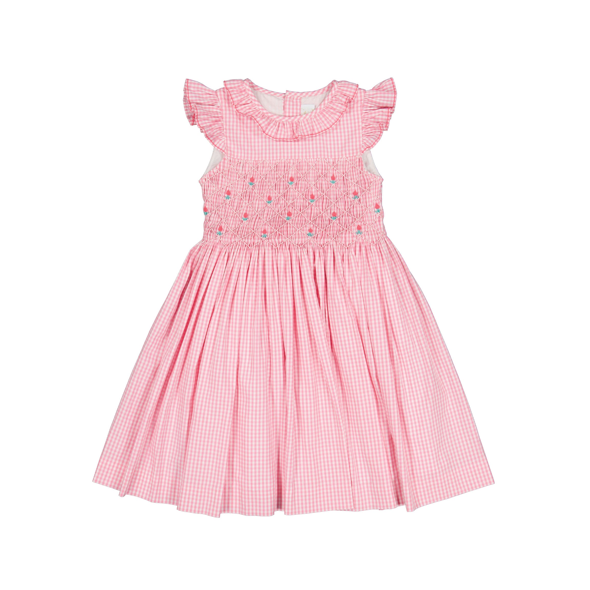 Tulip Pink Gingham Frilled Cap Sleeve Smocked Dress