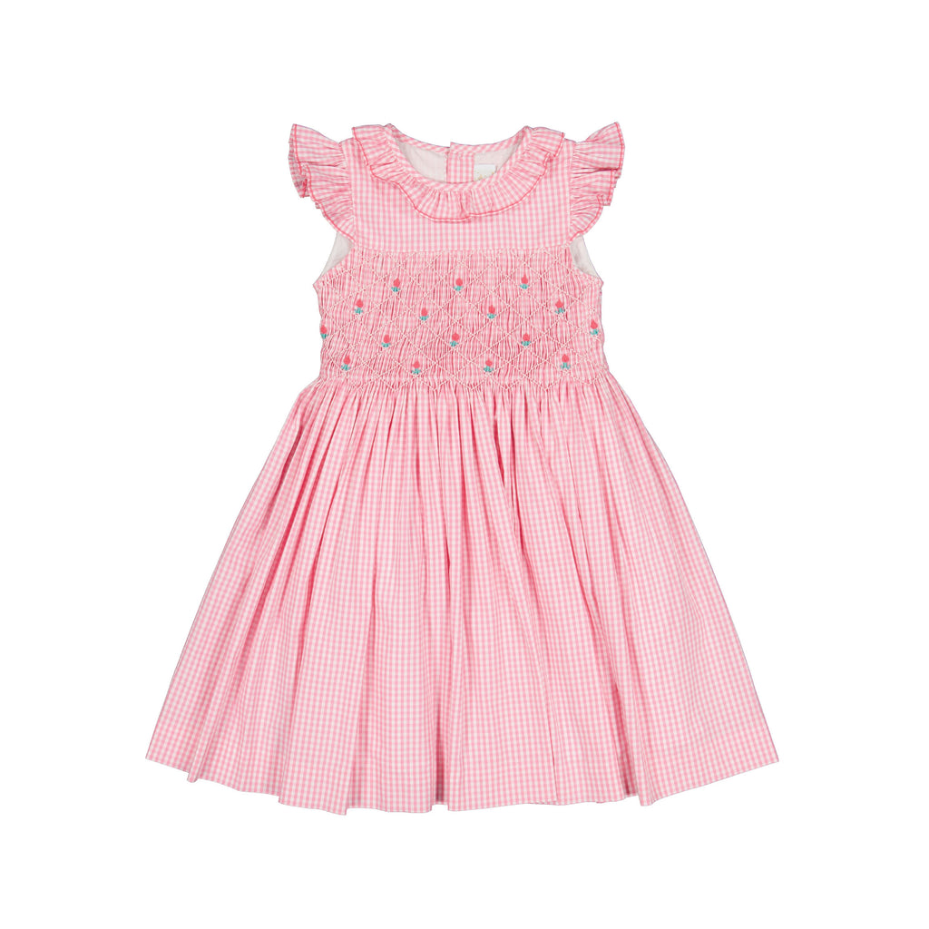 Tulip Pink Gingham Frilled Cap Sleeve Smocked Dress