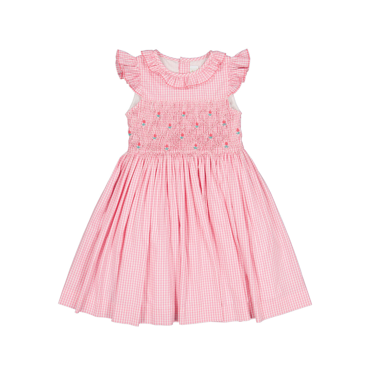 Tulip Pink Gingham Frilled Cap Sleeve Smocked Dress