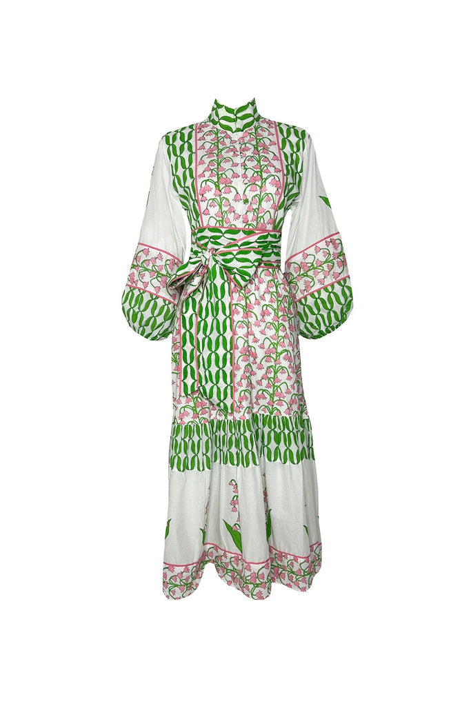Flounce Dress in Guava & Kelly Green Lily of the Valley