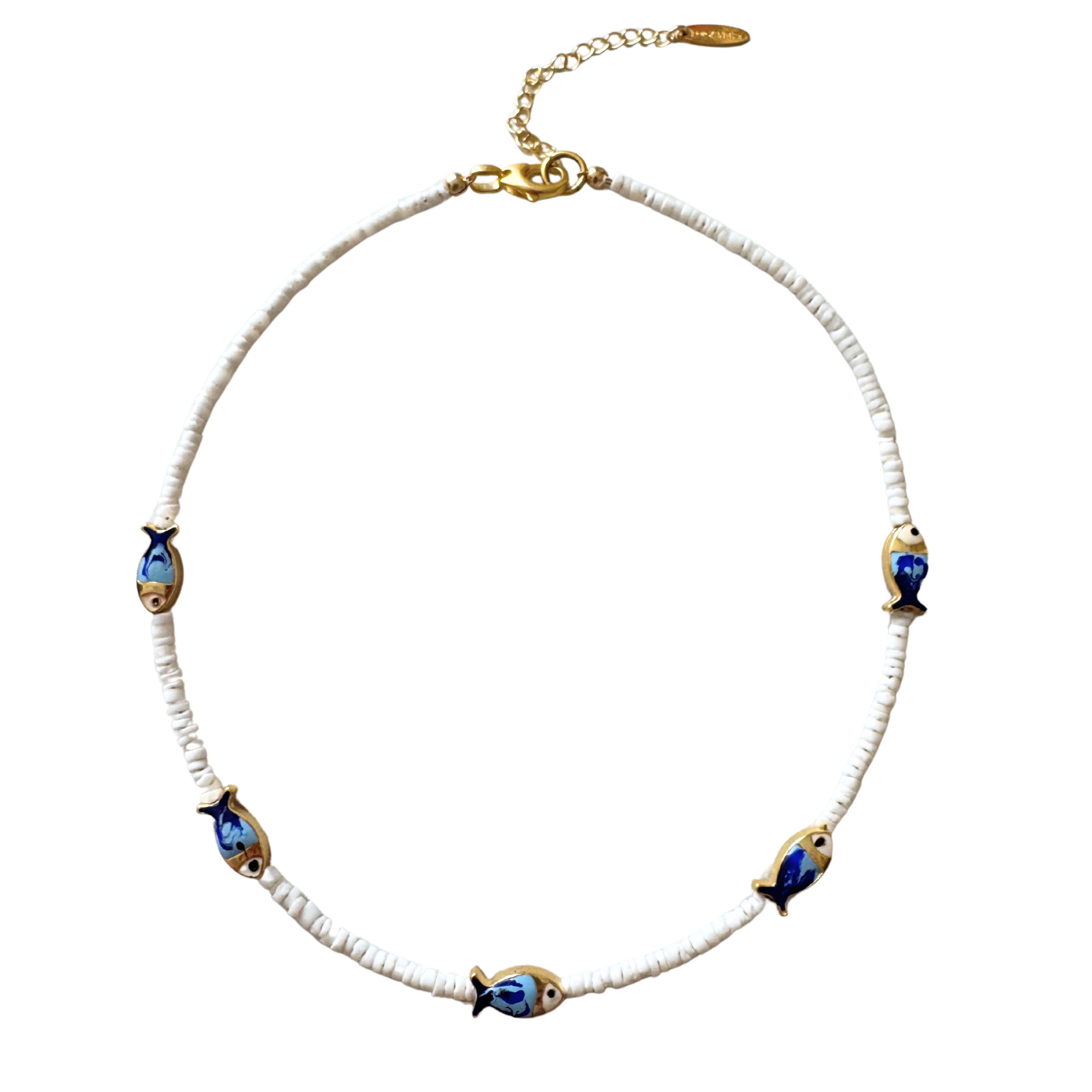 White Heishi Blue Fish Necklace