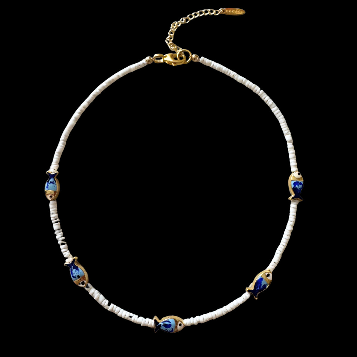 White Heishi Blue Fish Necklace