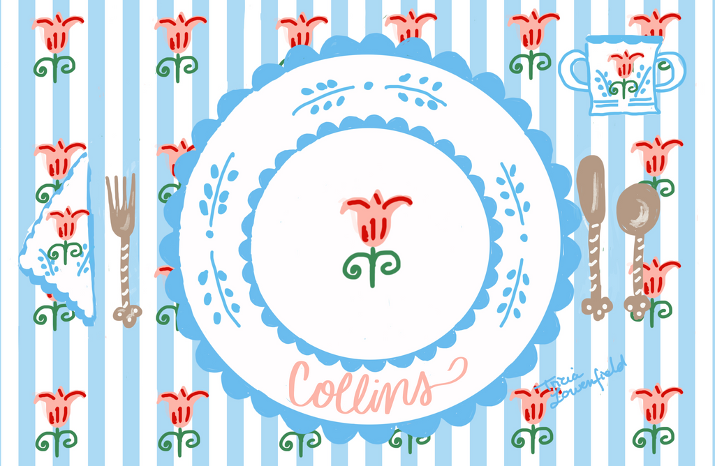 Blue Striped Tulip Placemat (personalized) - Premium Placemat from Tricia Lowenfield Design