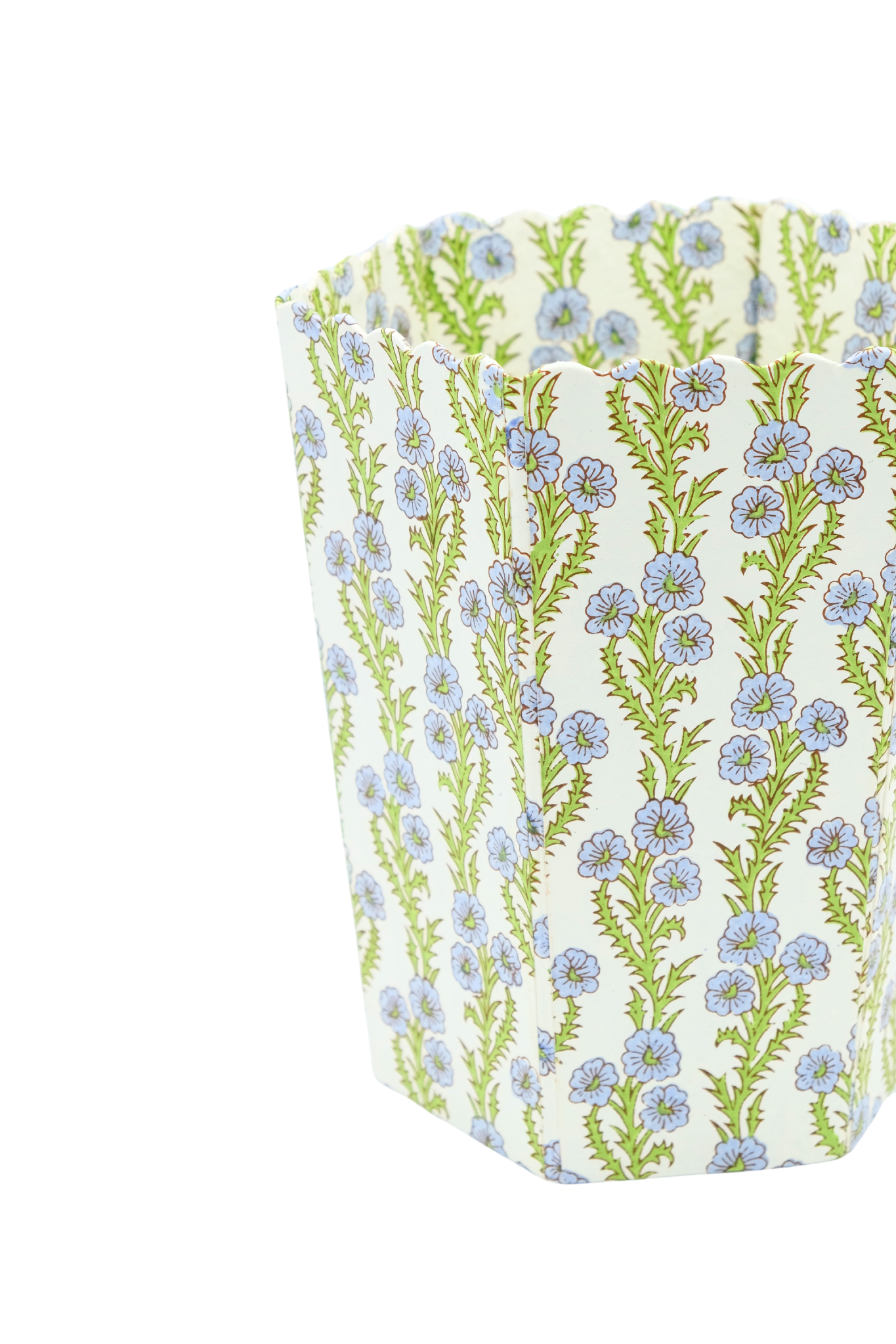 Scallop Waste Bin / Storage Bin in Forget Me Not Blockprint