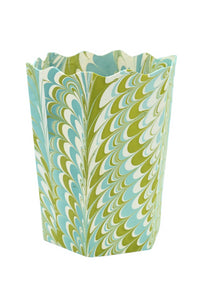 Hand-Marbled Scallop Waste Bin / Storage Bin in Robin Blue