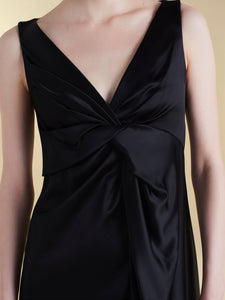 Satin V-Neck Twist Dress in Black