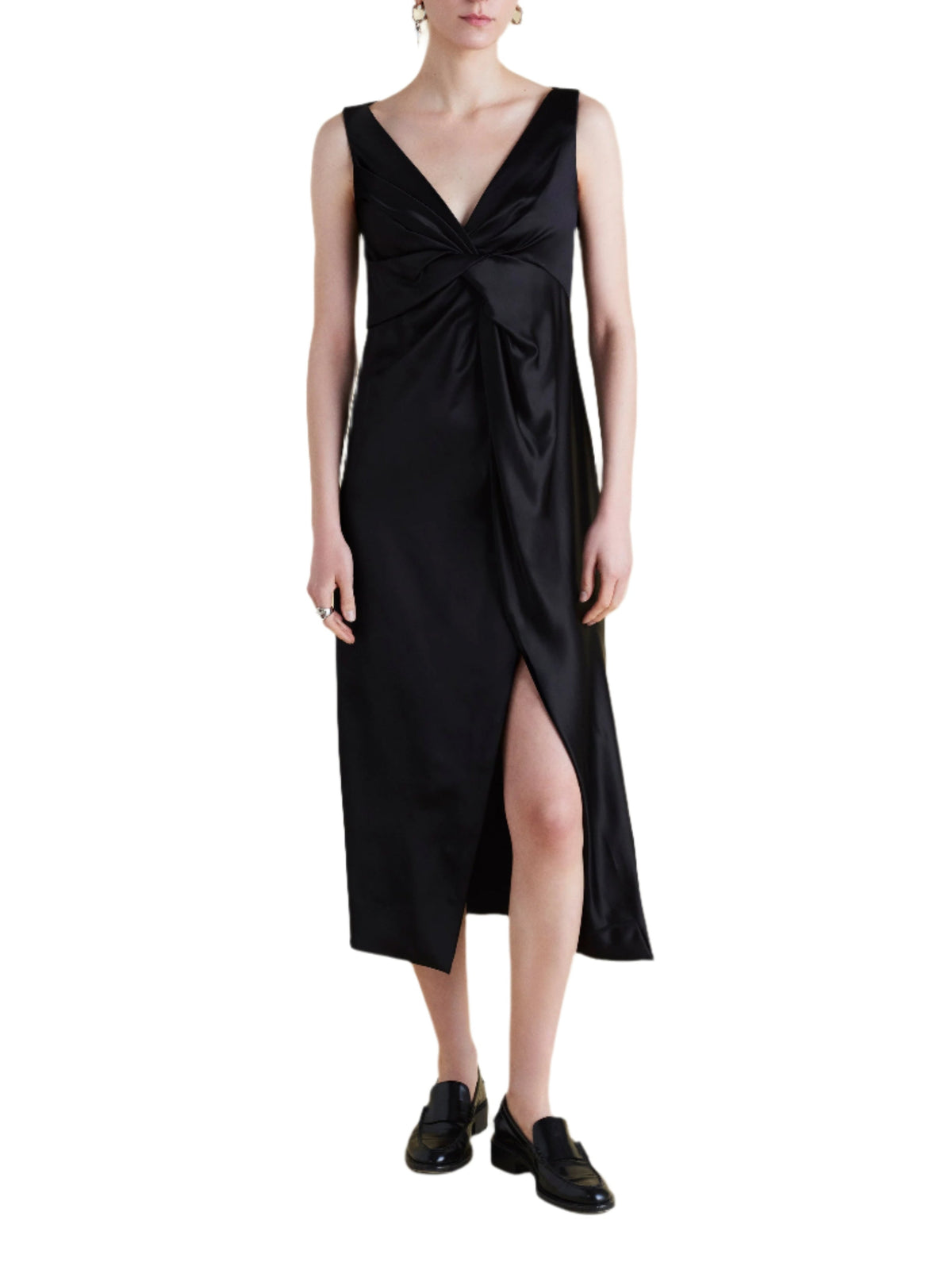 Satin V-Neck Twist Dress in Black