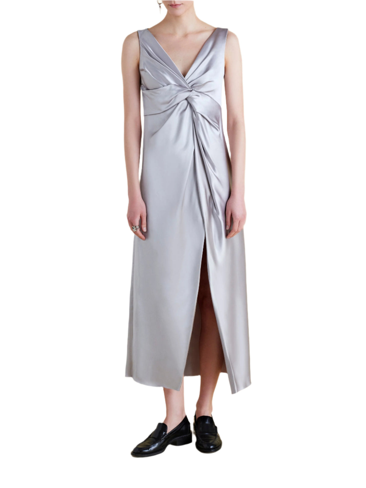 Satin V-Neck Twist Dress in Pale Grey