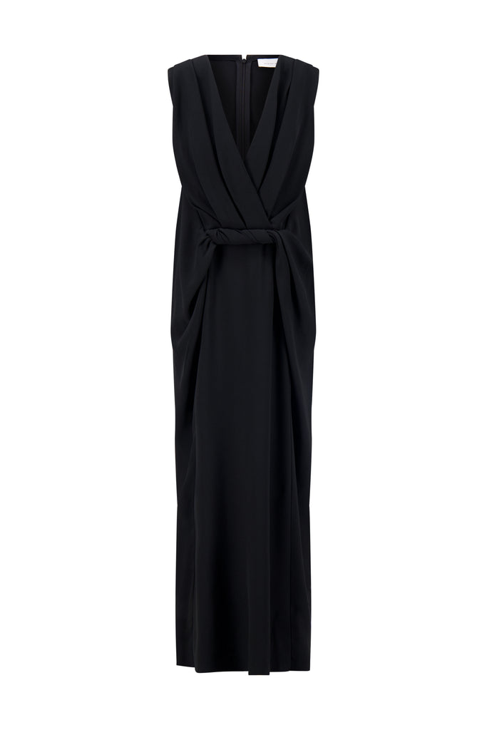 Cady V-Neck Draped Twist Belt Dress in Black
