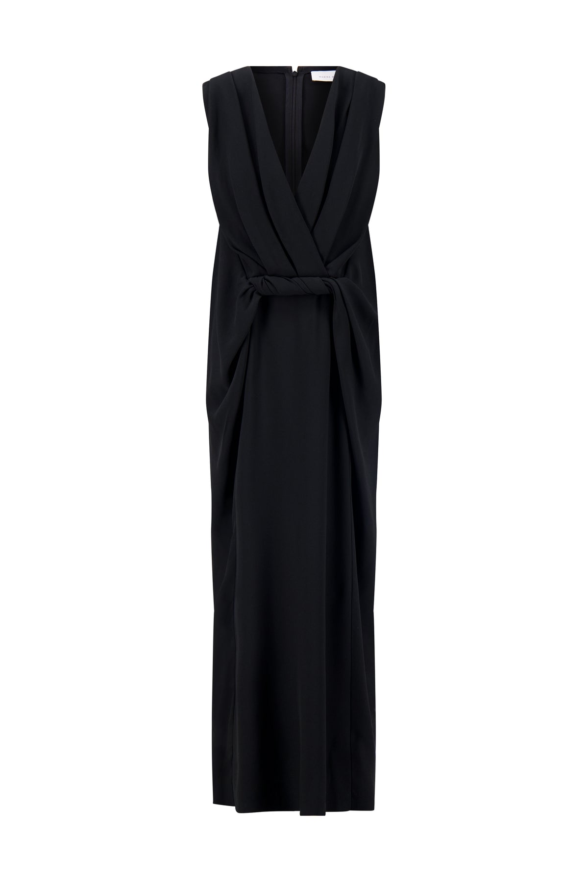 Cady V-Neck Draped Twist Belt Dress in Black