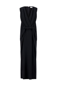 Cady V-Neck Draped Twist Belt Dress in Black