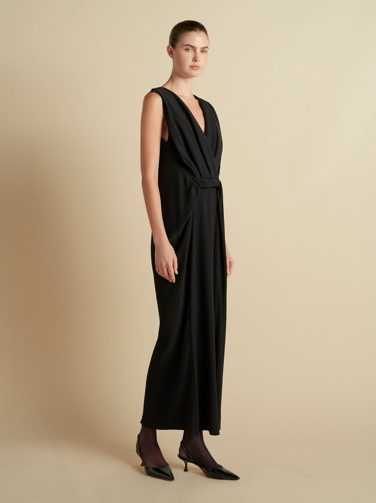 Cady V-Neck Draped Twist Belt Dress in Black