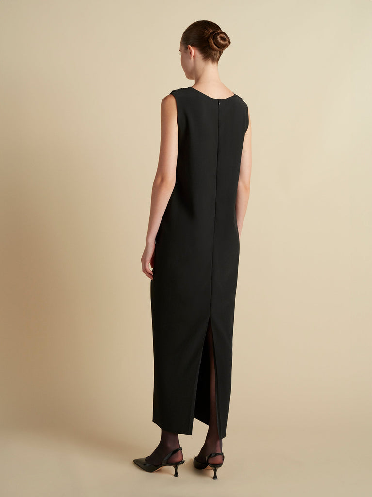 Cady V-Neck Draped Twist Belt Dress in Black