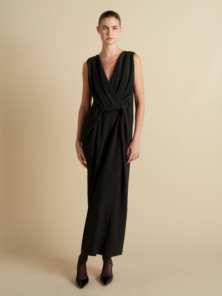 Cady V-Neck Draped Twist Belt Dress in Black