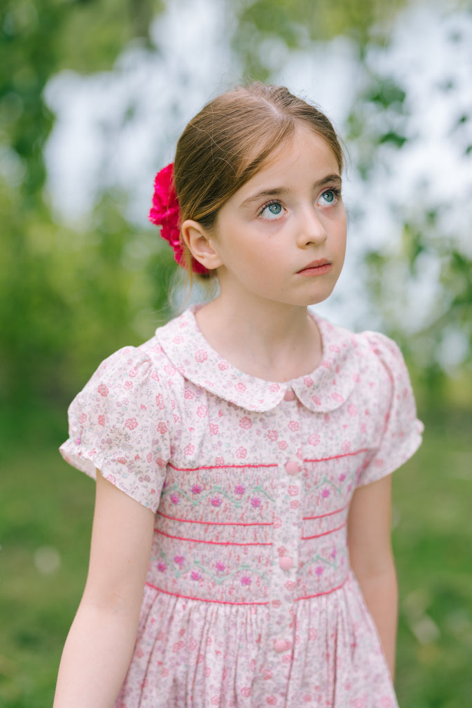 Violette Pink Floral Short Puff Smocked Dress
