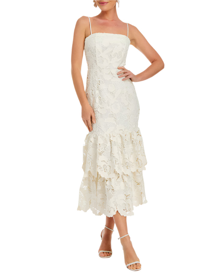 Vanessa Lace Convertible Bow Midi Dress in Ivory