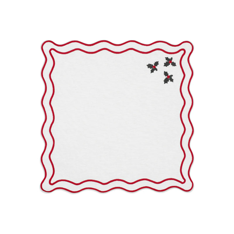 Vintage Holly Napkin in Cotton Cream with Christmas Red and Green Embroidery