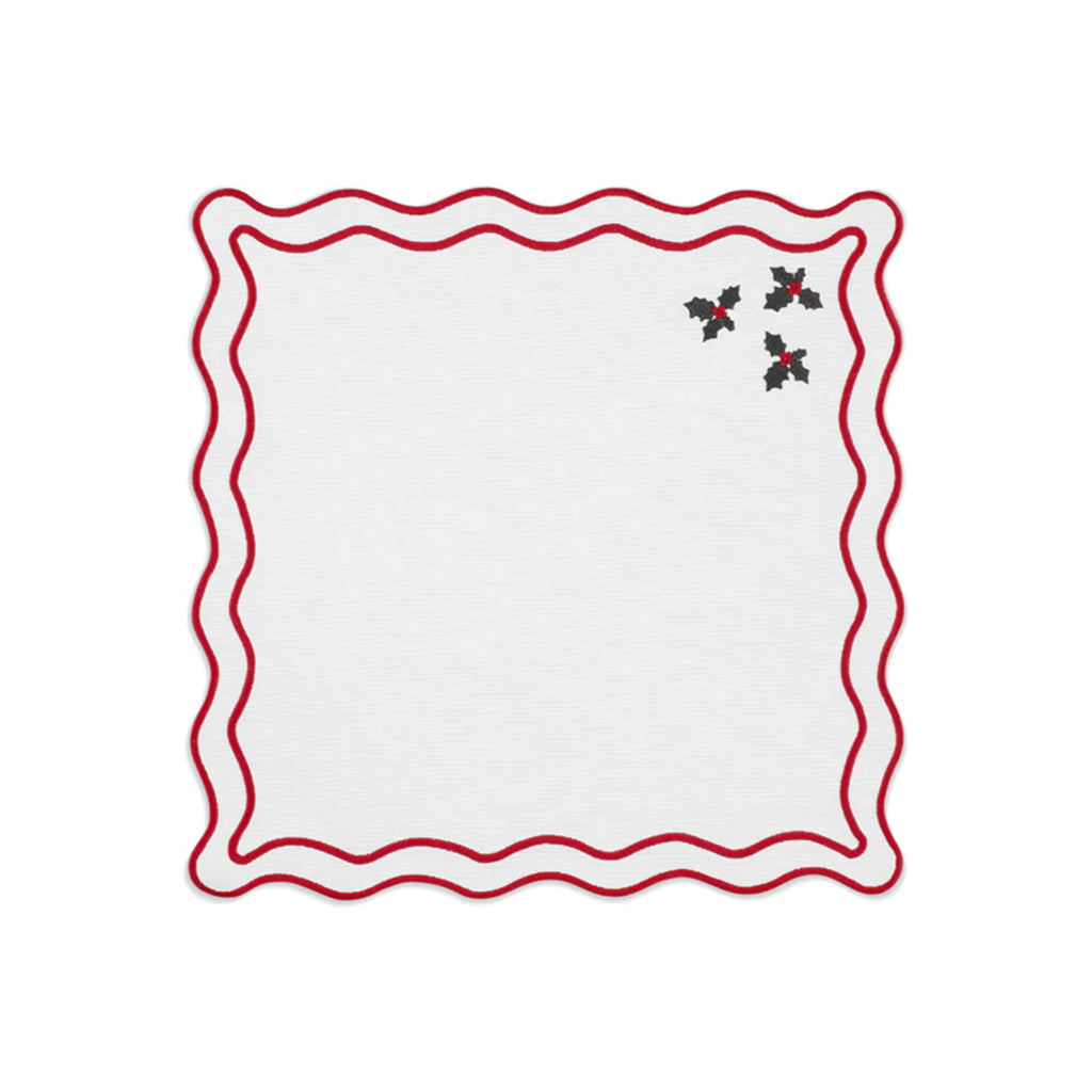 Vintage Holly Napkin in Cotton Cream with Christmas Red and Green Embroidery