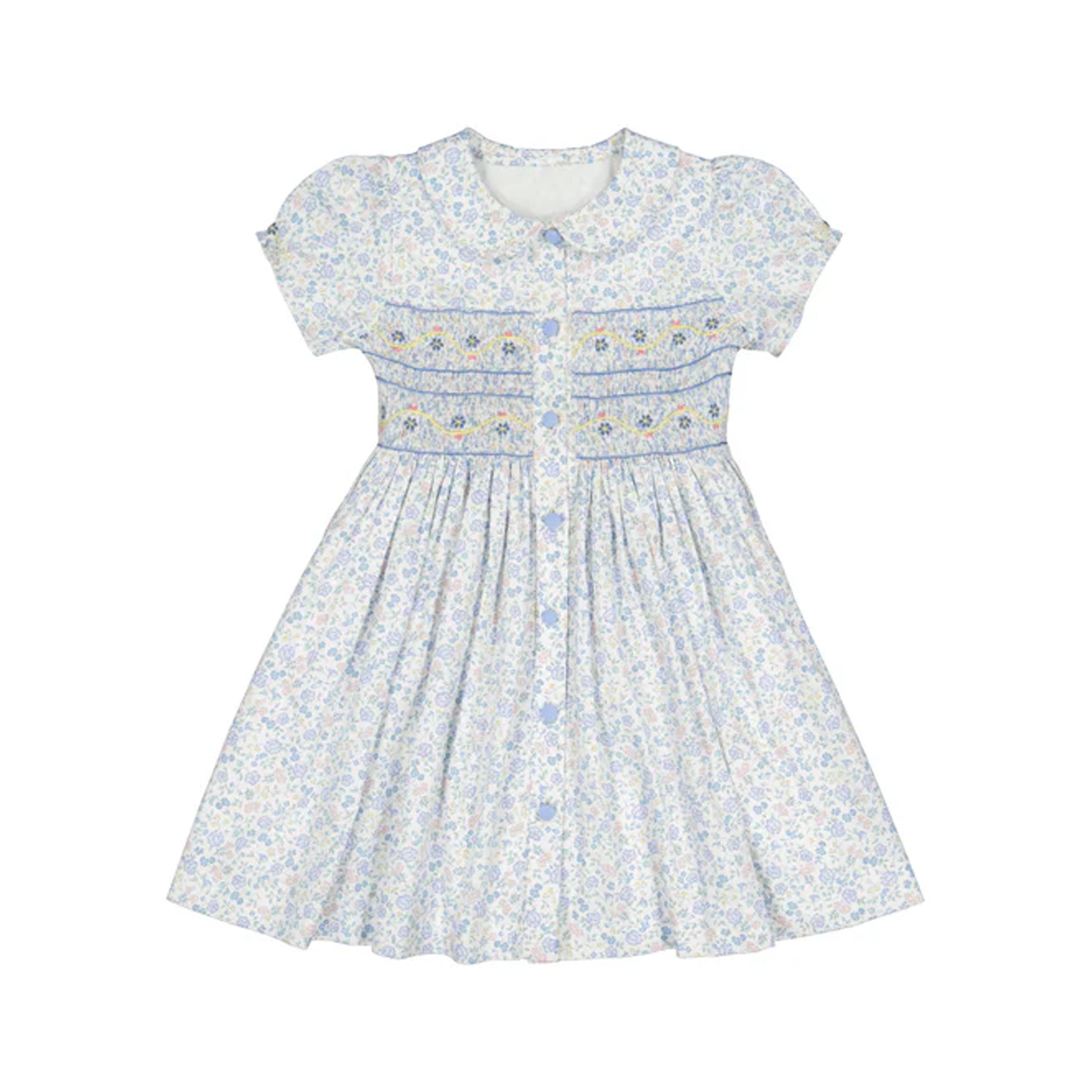 Violette Floral Blue Short Puff Smocked Dress