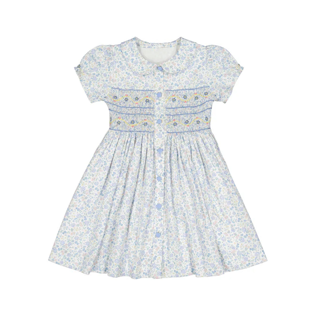Violette Floral Blue Short Puff Smocked Dress