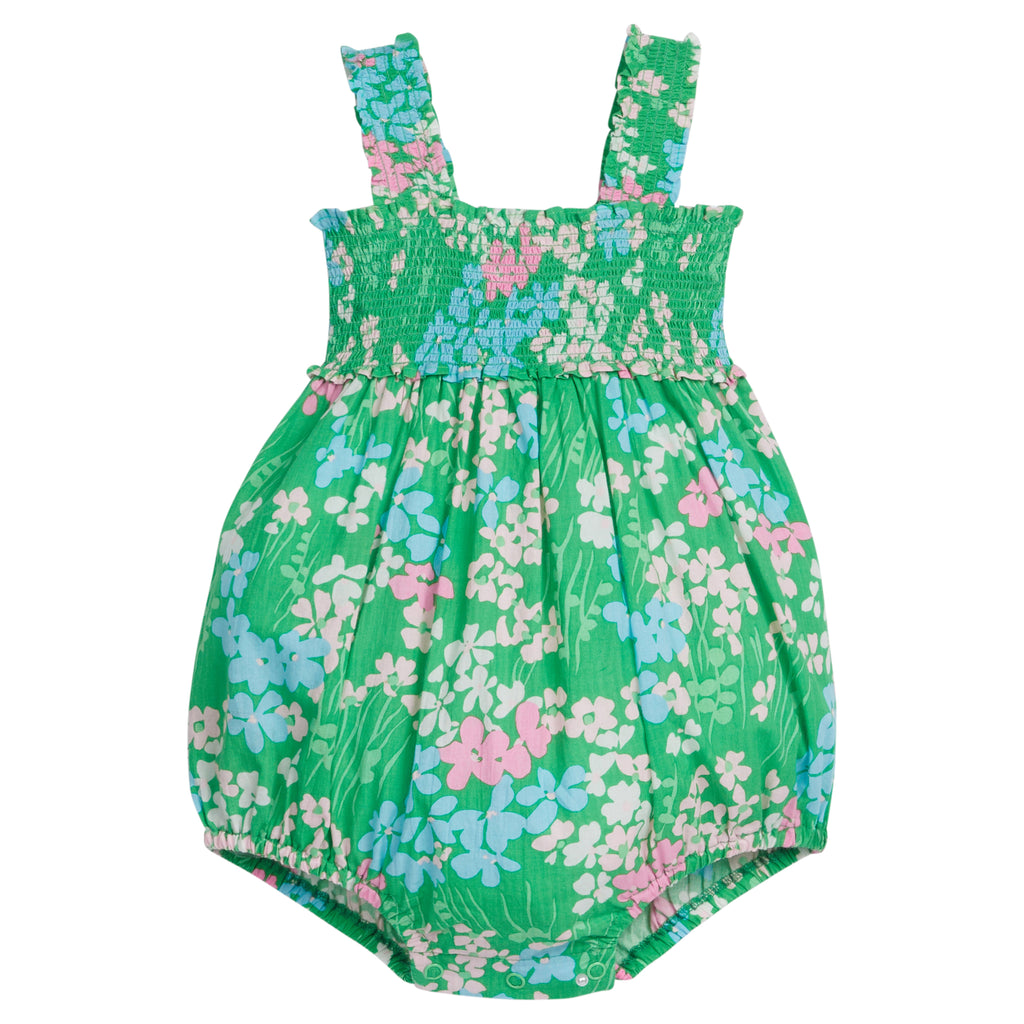 Little English traditional children's clothing. Green, blue and pink floral bubble for baby girls for Spring
