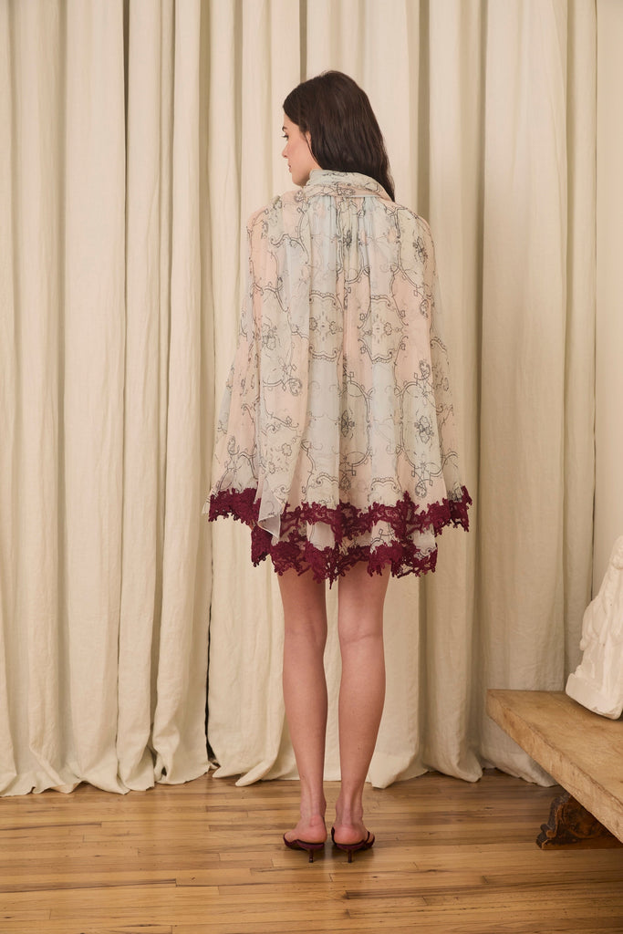 Wylie Scarf Dress in Printed Crinkled Chiffon with Mohair Lace Trim