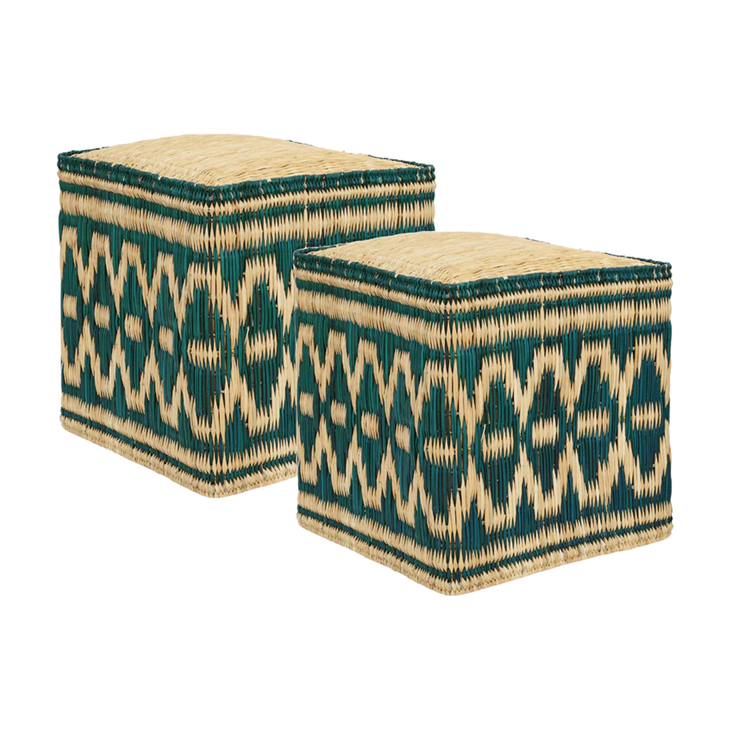 Wicker Stools in Green, Set of 2