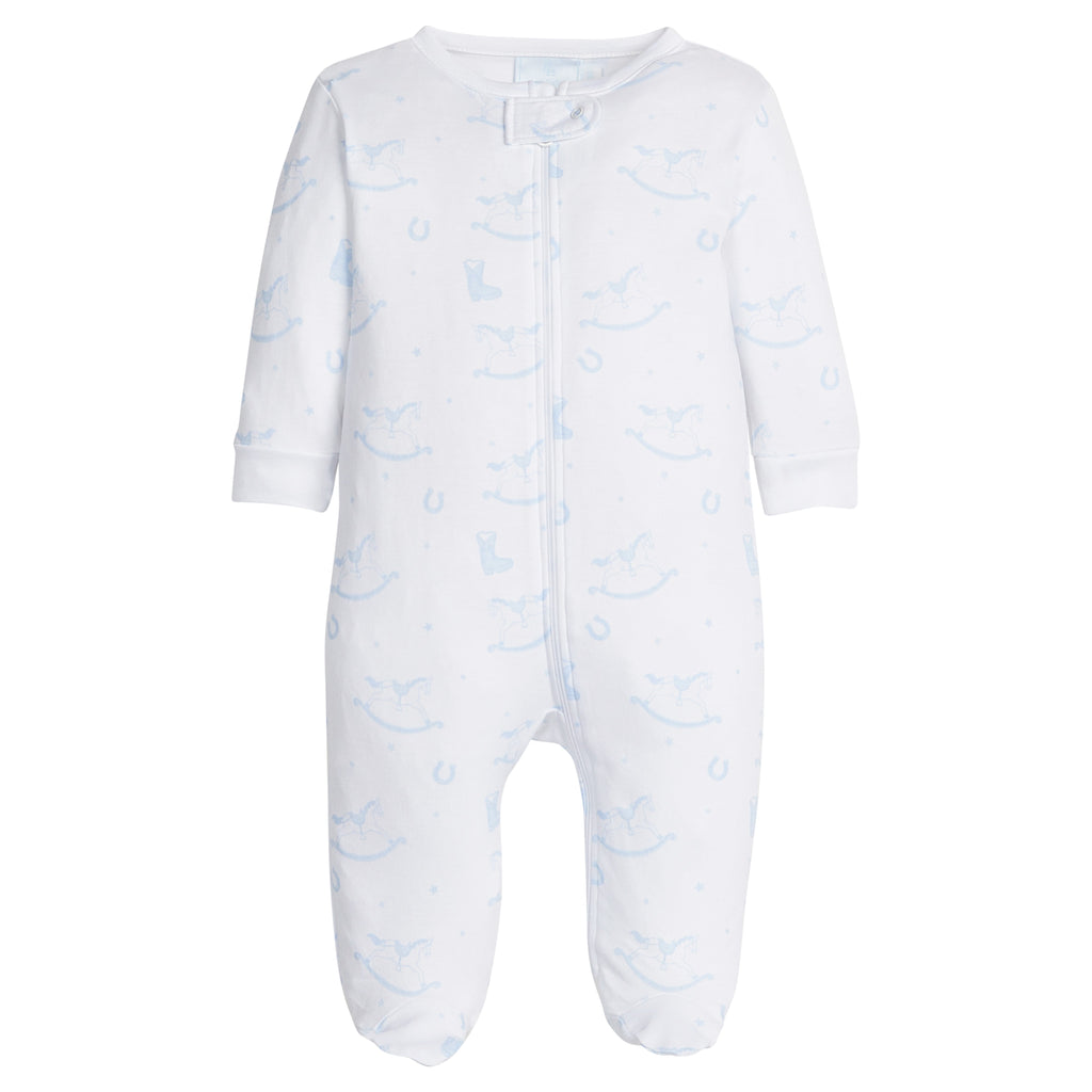 little english classic children's clothing baby boys zippered footie with blue rocking horse all over print