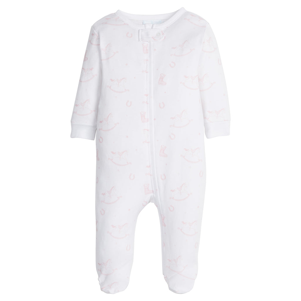 little english classic children's clothing baby girls zippered footie with light pink rocking horse all over print