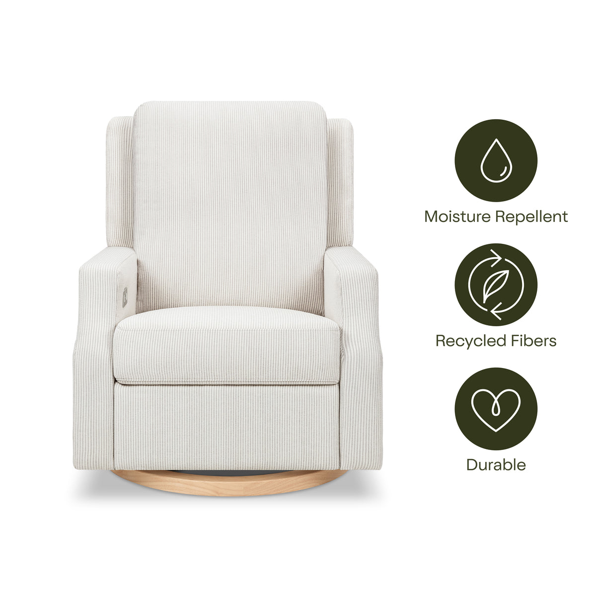 Crewe Electronic Recliner and Swivel Glider in Fog Chatham Stripe Performance Eco-Weave with Light Wood Base