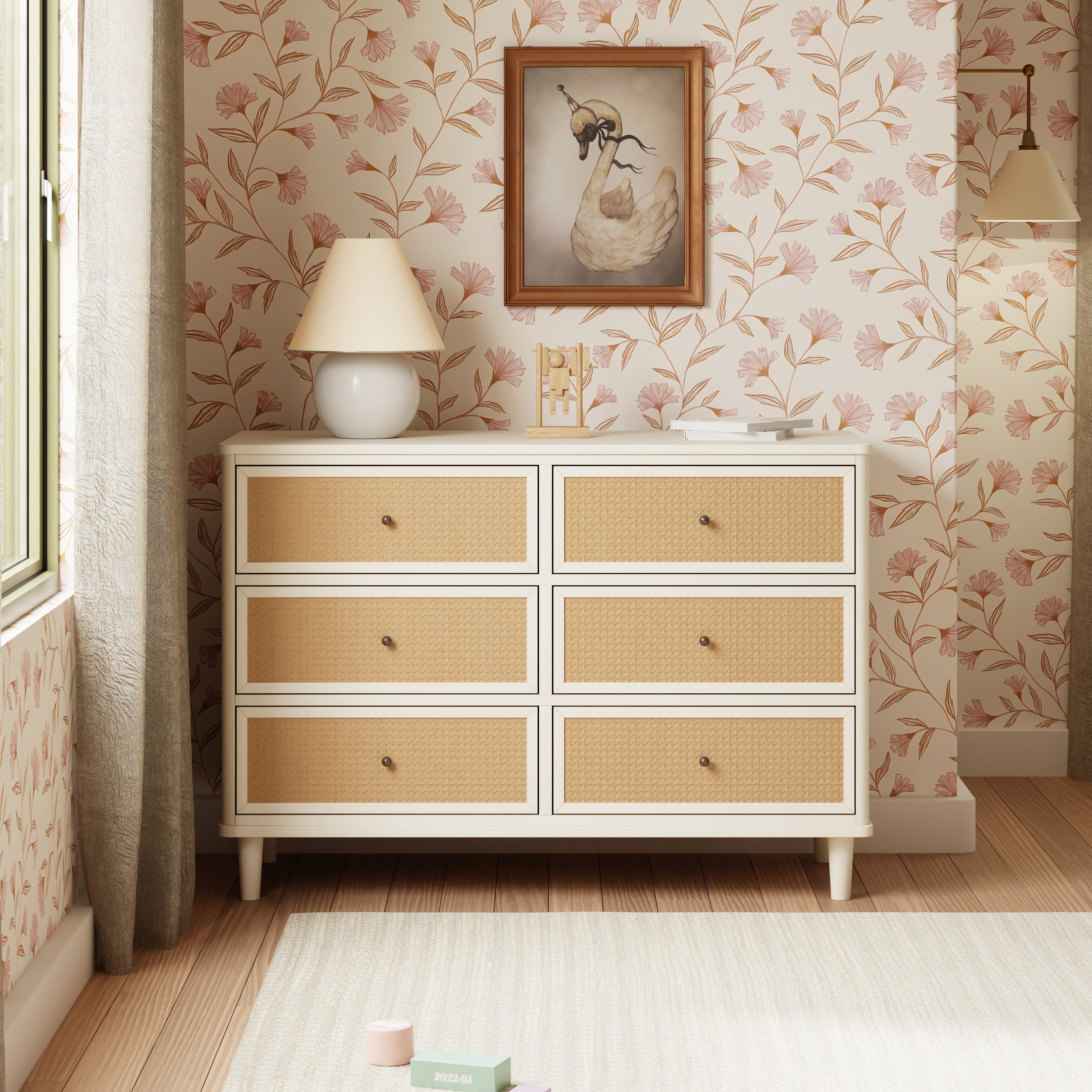 Marin with Cane 6 Drawer Assembled Dresser in Warm White & Honey Cane
