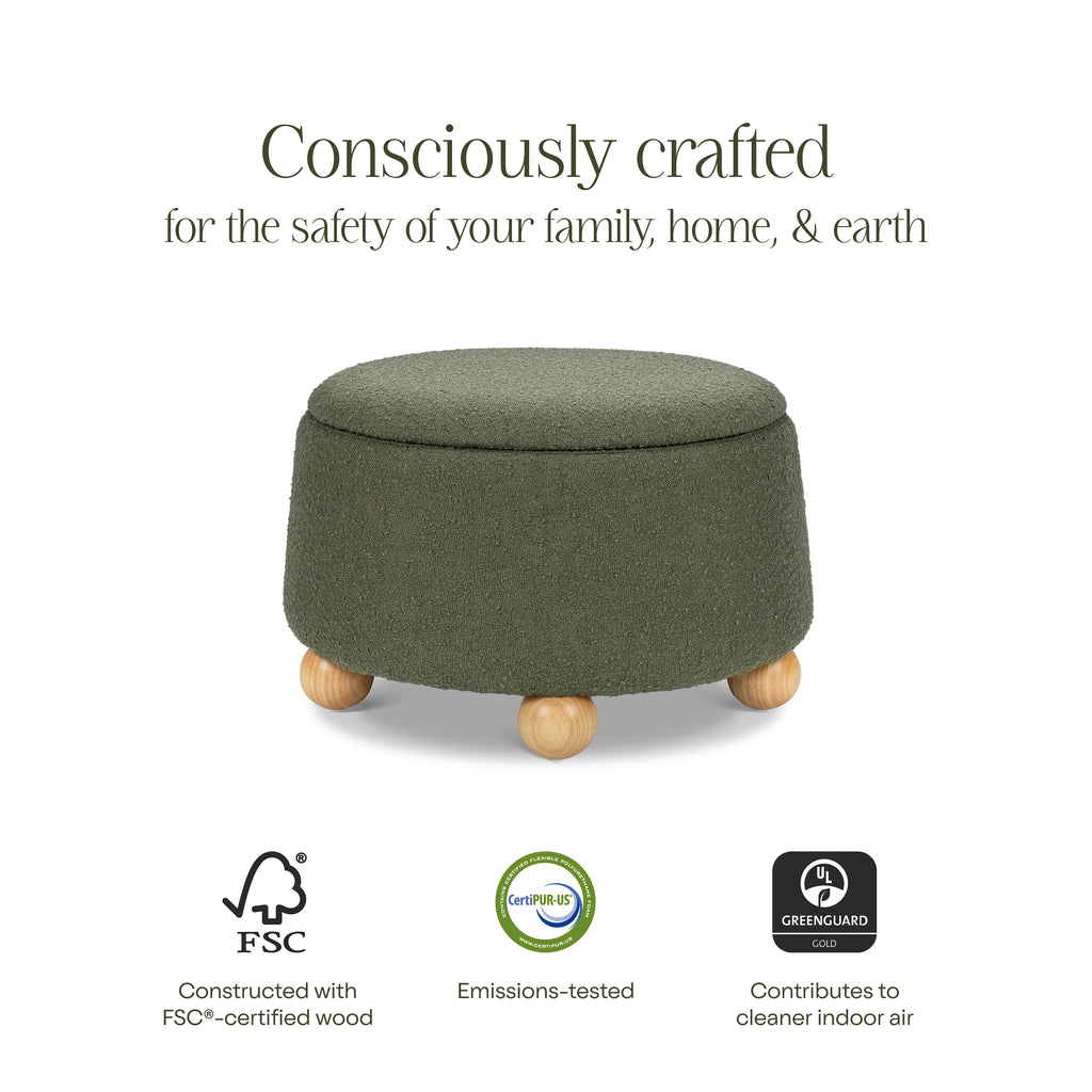 Tuffet Storage Ottoman in Performance Olive Boucle with Honey Ball Feet