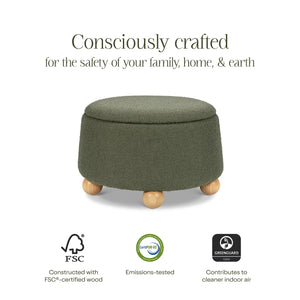 Tuffet Storage Ottoman in Performance Olive Boucle with Honey Ball Feet