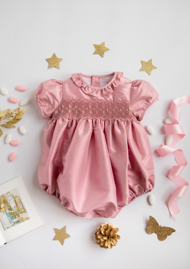 Astrid Pink Silk Smocked Baby Bubble