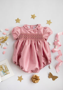 Astrid Pink Silk Smocked Baby Bubble
