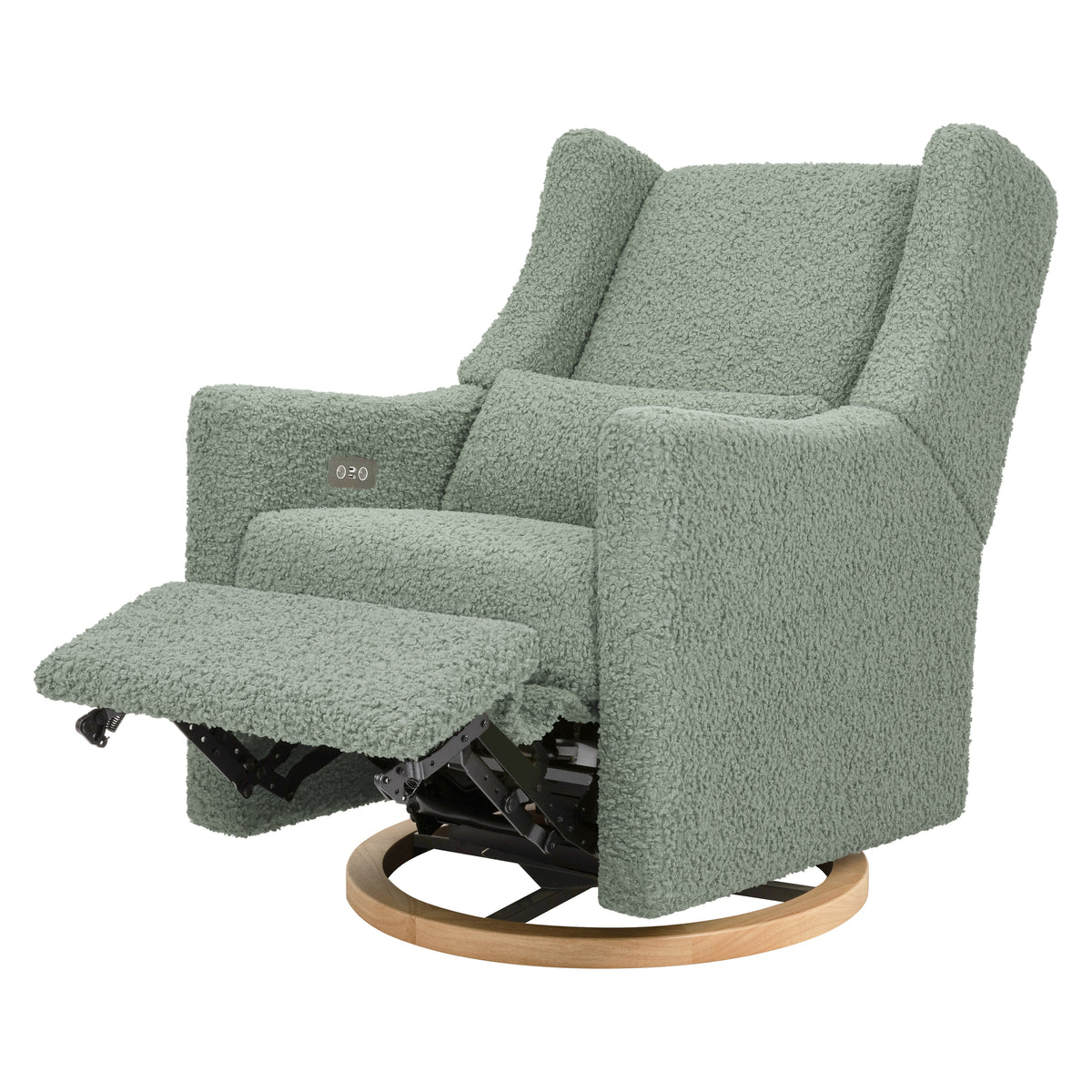 Kiwi Electronic Recliner and Swivel Glider with USB port in Sage Teddy Loop with Light Wood Base