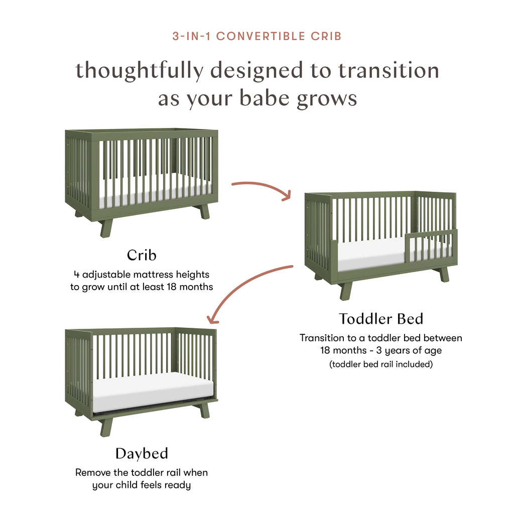 Hudson 3-in-1 Convertible Crib with Toddler Bed Conversion Kit in Olive