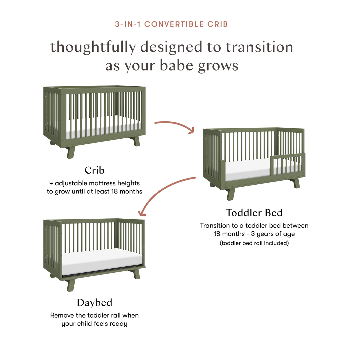 Hudson 3-in-1 Convertible Crib with Toddler Bed Conversion Kit in Olive