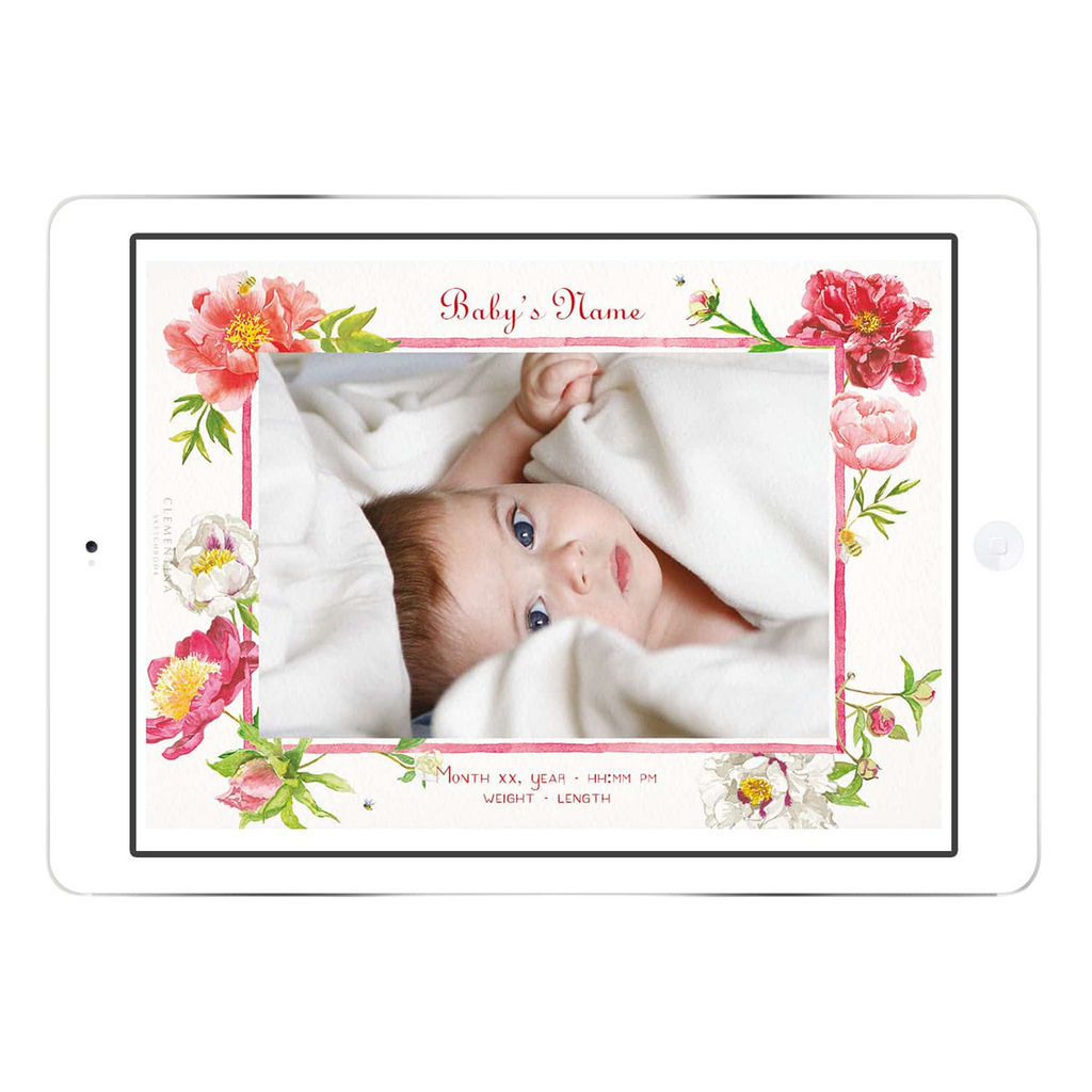 Digital Peonies Birth Announcement with Photo