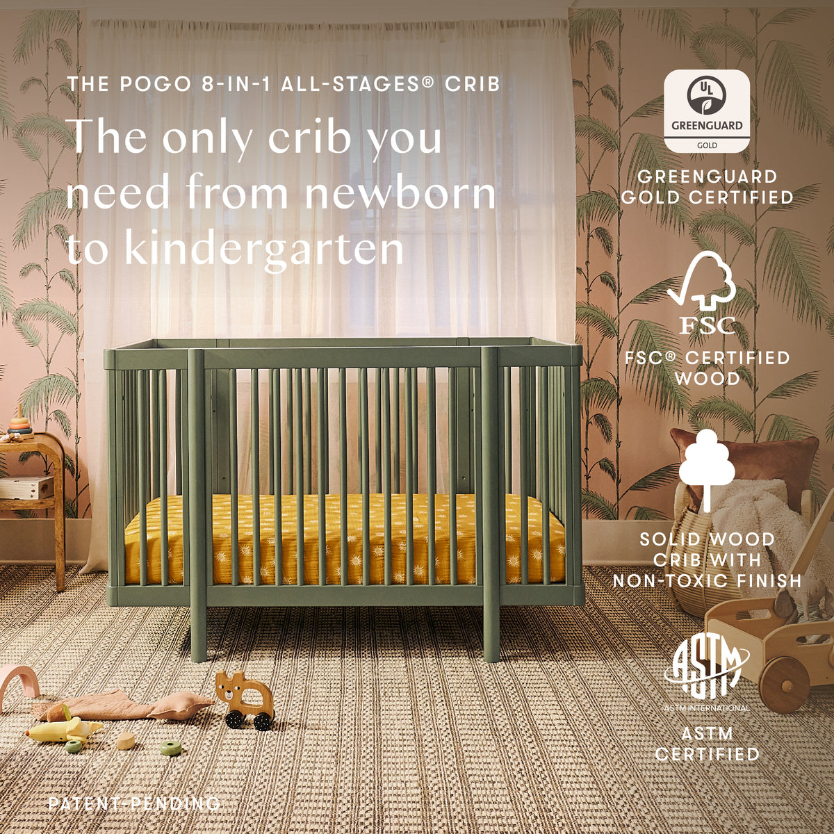 Pogo 8-in-1 Convertible Crib with All-Stages Conversion Kits in Olive