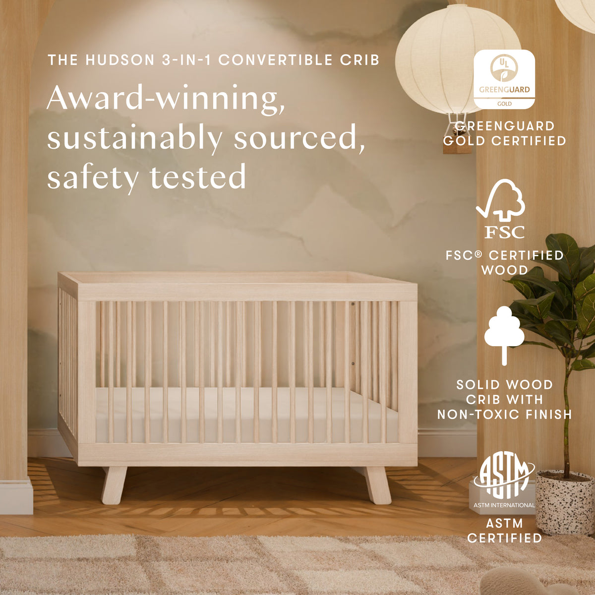 Hudson 3-in-1 Convertible Crib with Toddler Bed Conversion Kit in Natural