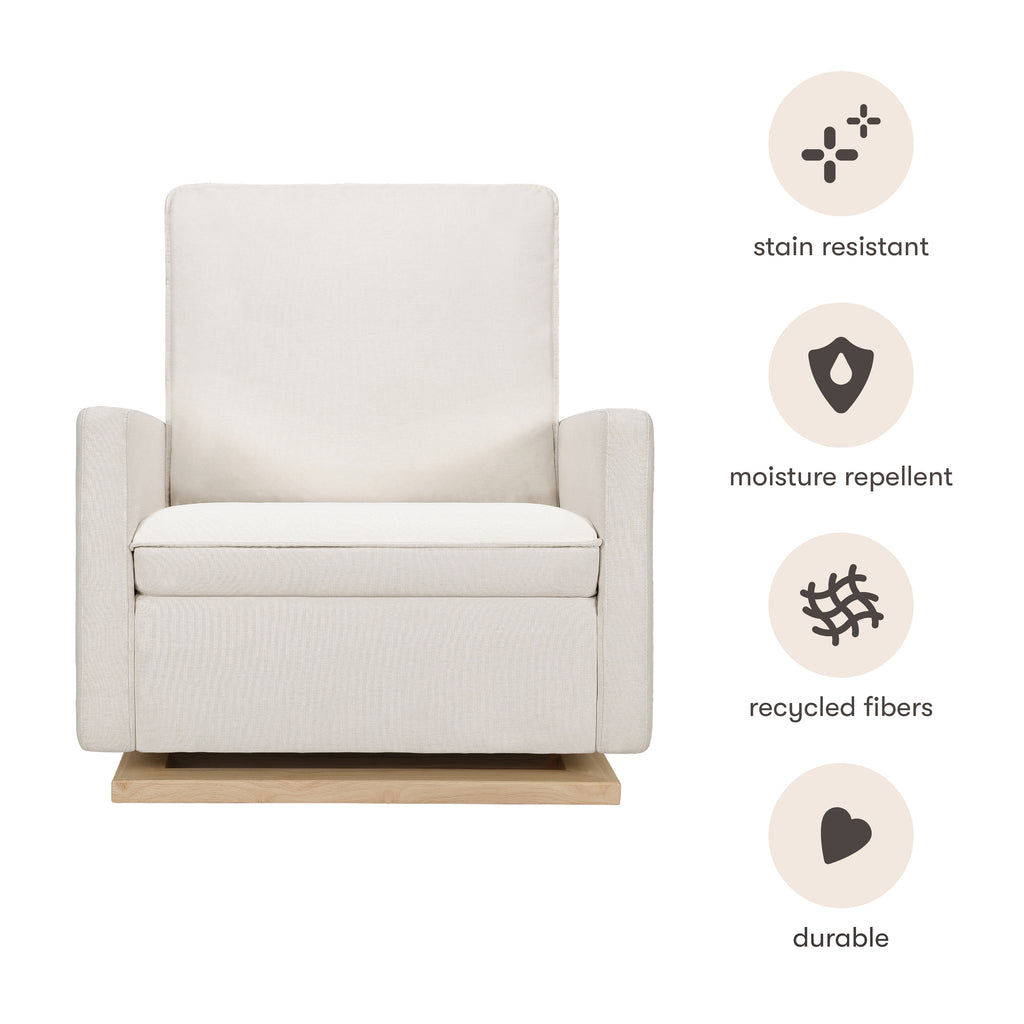 Cali Pillowback Chair and a Half Glider in Eco-Performance Fabric | Water Repellent & Stain Resistant in Performance Cream Eco-Weave with Light Wood Base