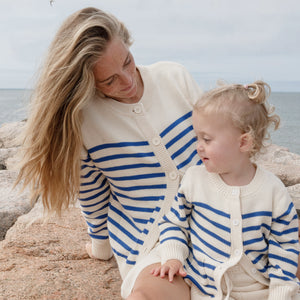 Unisex Cream and Blue Stripe Knit Cardigan