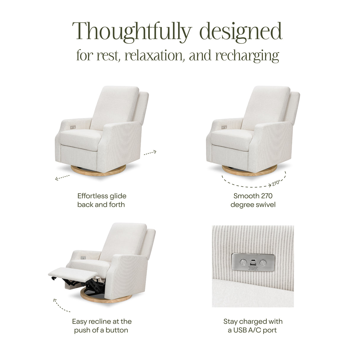 Crewe Electronic Recliner and Swivel Glider in Fog Chatham Stripe Performance Eco-Weave with Light Wood Base