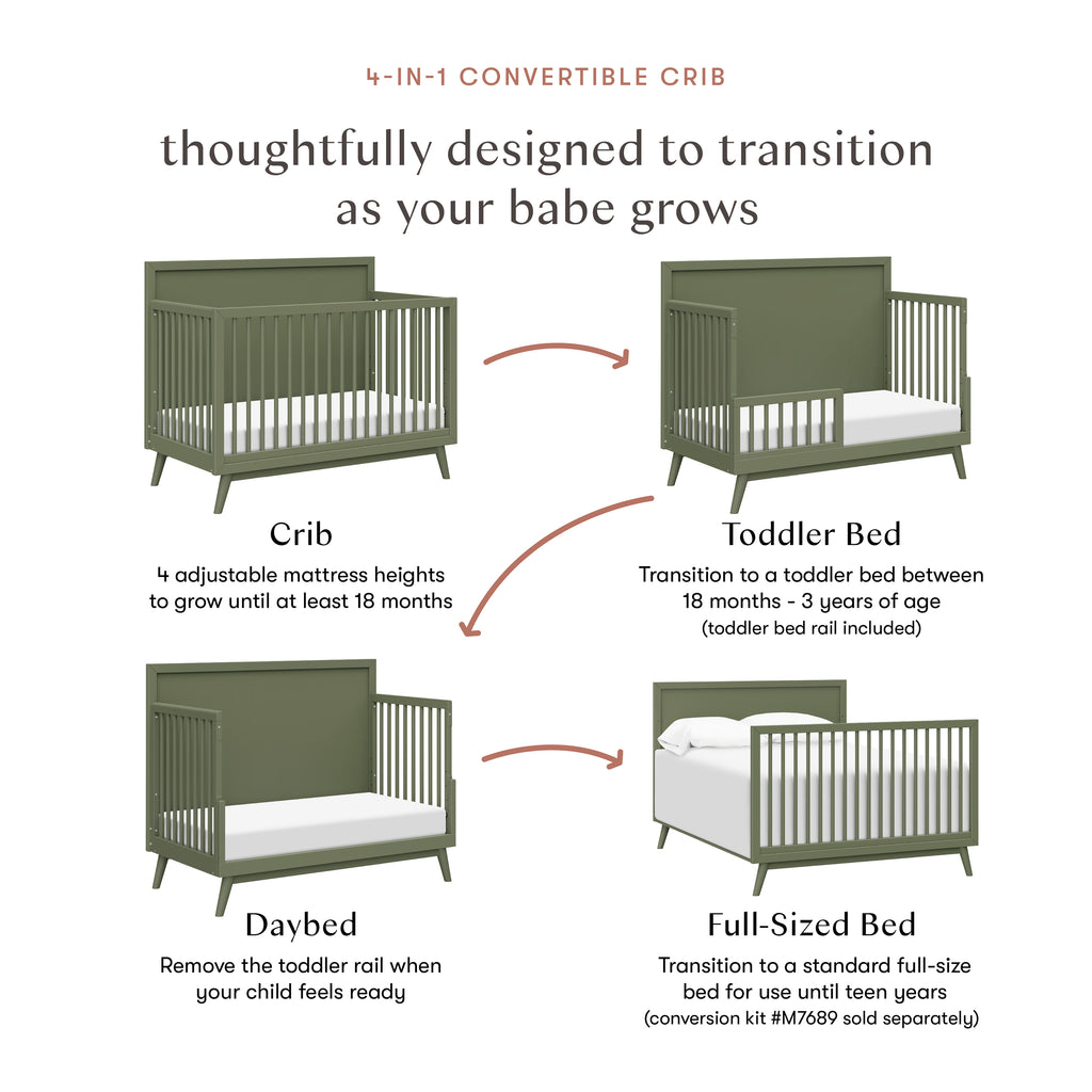 Palma 4-in-1 Convertible Crib with Toddler Bed Conversion Kit in Olive