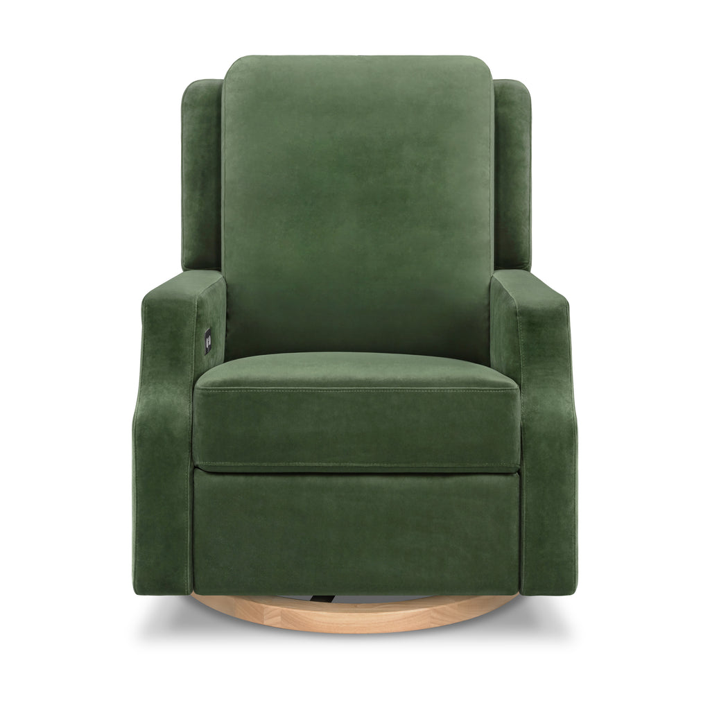 Crewe Electronic Recliner and Swivel Glider in Forest Green Velvet with Light Wood Base