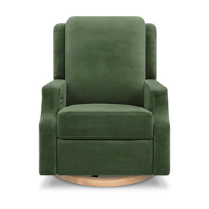 Crewe Electronic Recliner and Swivel Glider in Forest Green Velvet with Light Wood Base
